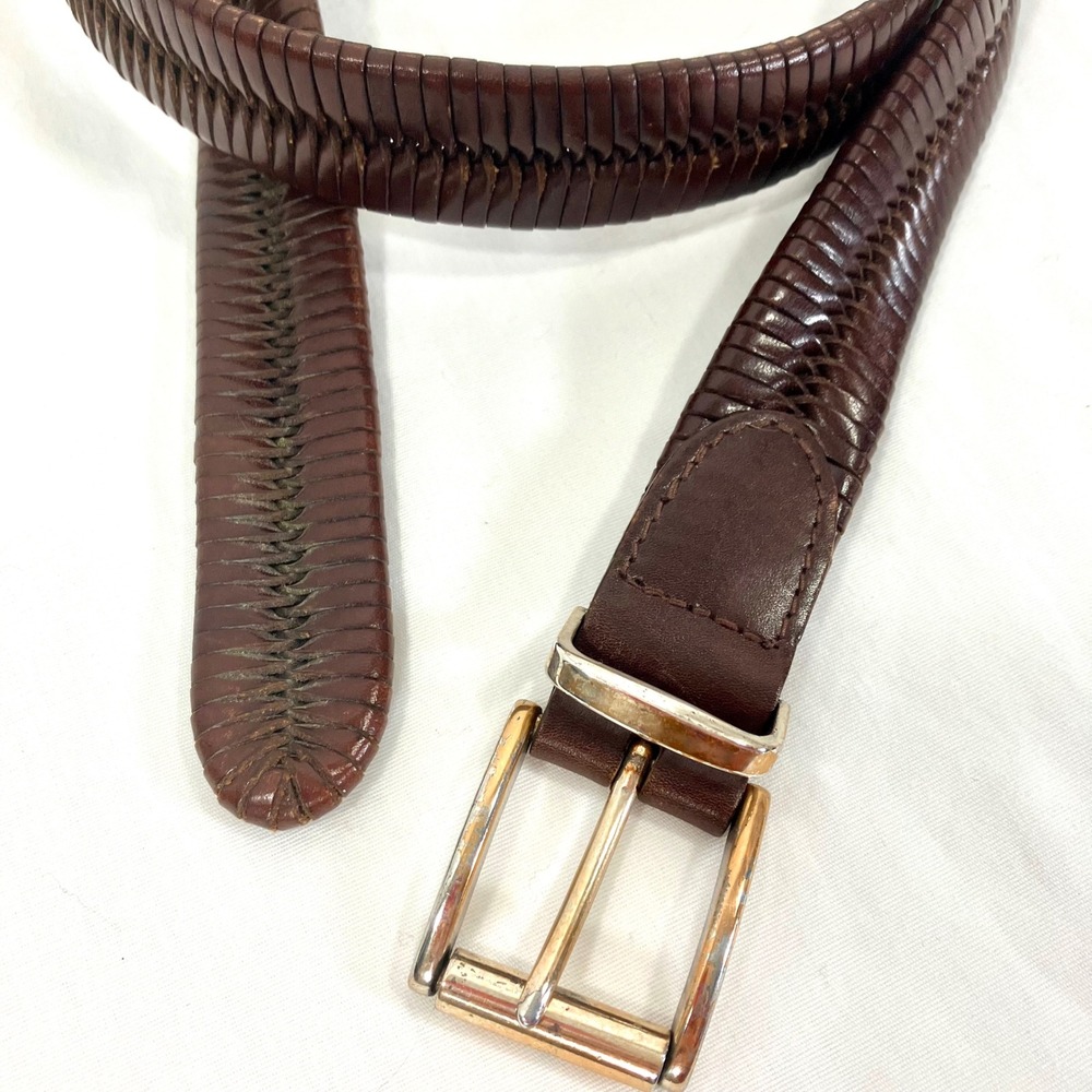 Fossil Men Genuine Leather Woven Belt‎ Gold Buckle Dark Brown Size 42